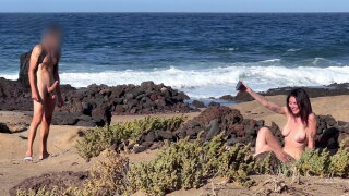 NUDIST BEACH BLOWJOB: I show my hard cock to a bitch that asks me for a blowjob and cum in her mouth.  